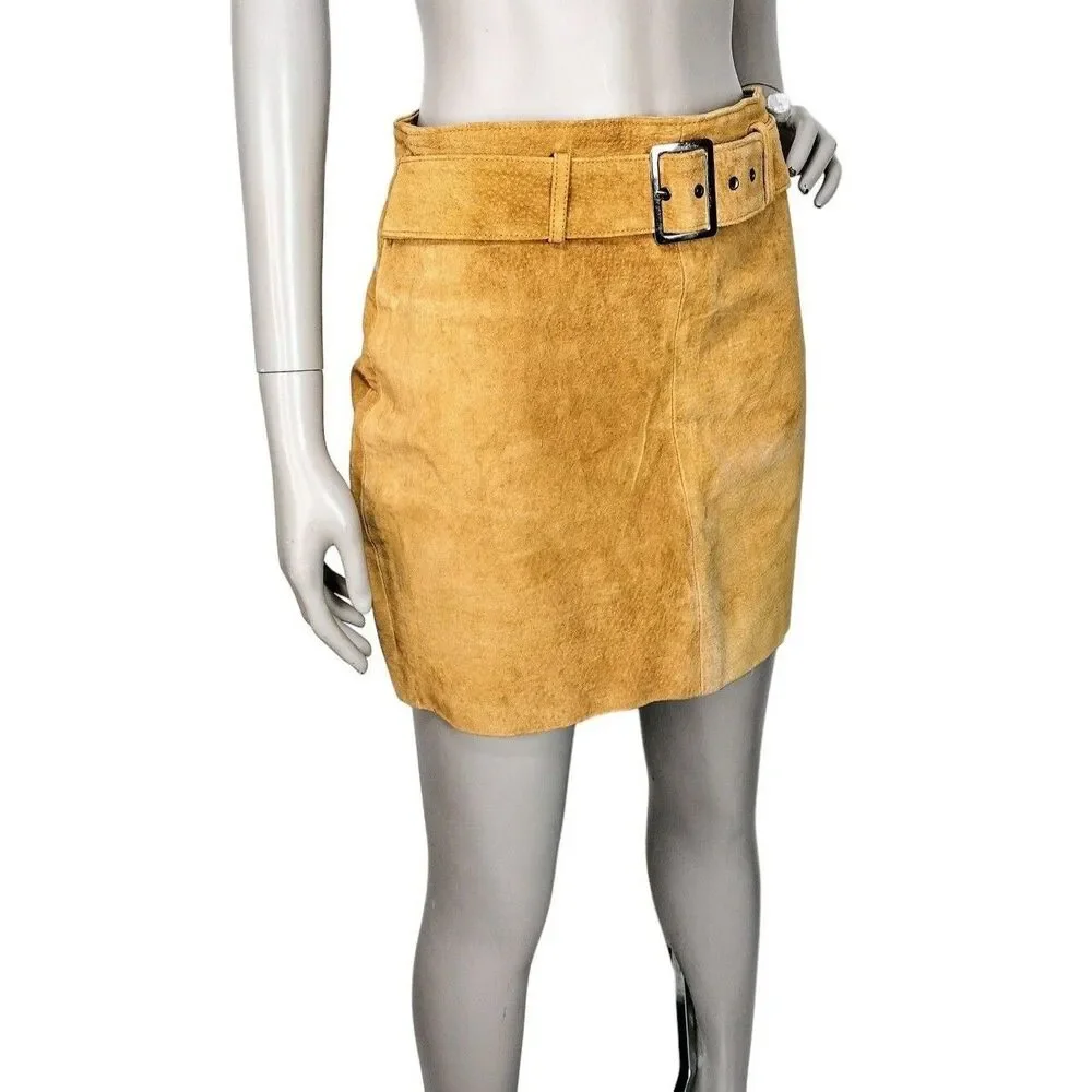 Vintage 80s Gold Suede Leather Belted Short Mini Pencil Skirt Size S/M